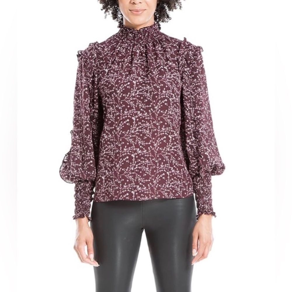 Max Studio Smocked High Neck Ruffled Blouse Dark Plum Floral Print Size large